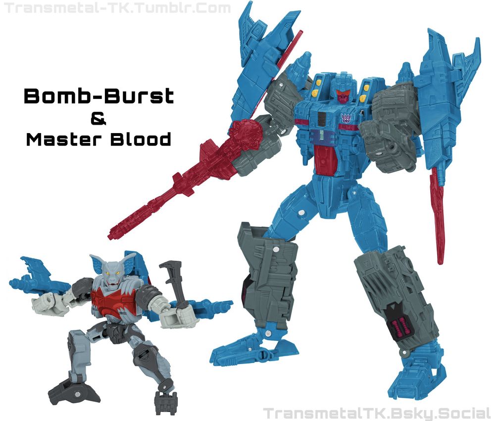 Legacy Cybertron Starscream as Pretender Bomb-Burst's internal robot mode. Also included is a version of Core Class with similar colors to the retail release slightly altered to resemble Masterforce Blood's show deco. The name has been shortened to Master Blood for some reason