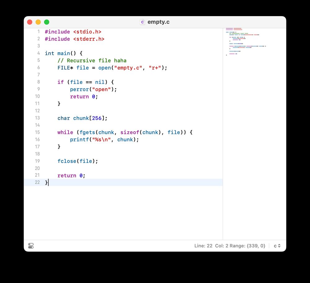 CodeEdit example window with a C file. The file is syntax highlighted, and on the right-hand side there's a minimap that reflects the text contents!
