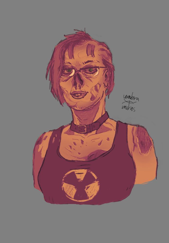 sketch of a Fallout ghoul OC. She's got medium/chin length reddish hair on her right side, with a mostly bald head on the left side, and permanently bloodshot emerald green eyes. She's wearing glasses, a belt choker, and a black tank top with a radioactivity symbol on it. She's looking ahead with a buck toothed half-smile and a septum piercing dangling from what remains of her nasal cartilage.