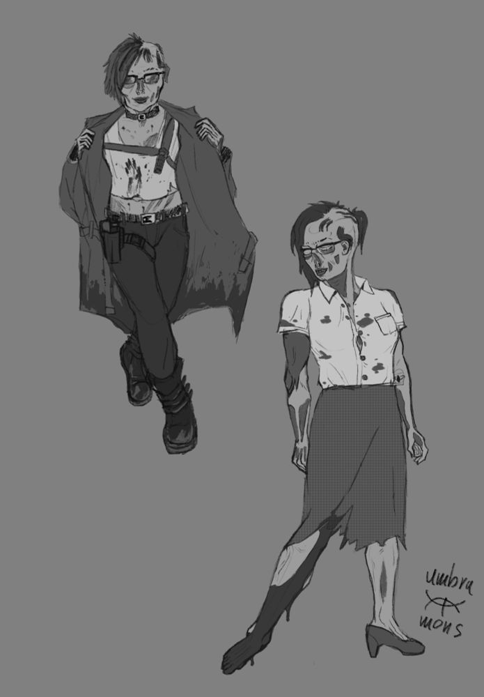 2 sketches of the same character.
On the left, shes walking wearing a long, dirty coat, a blood stained and ripped tank top, black pants, and black combat boots. She has a thigh harness on her right side with a holstered handgun, and an over-the-chest harness holding a holstered combat knife.
On the right, she's dressed like a secretary, with a white, stained button down shirt, a grey skirt ripped to be knee-length, and a single high heeled shoe on her left foot. She's looking down at her bare, limp right foot, which is covered in blood all the way up to her knee.
