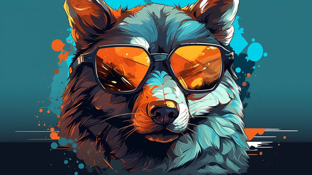 A stylized graphic novel style illustration of a wolf's head, wearing mirrored sunglasses
