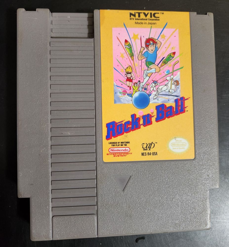 A copy of Rock 'n Ball, a pinball game with a variety of multiplayer modes, for Nintendo Entertainment System.