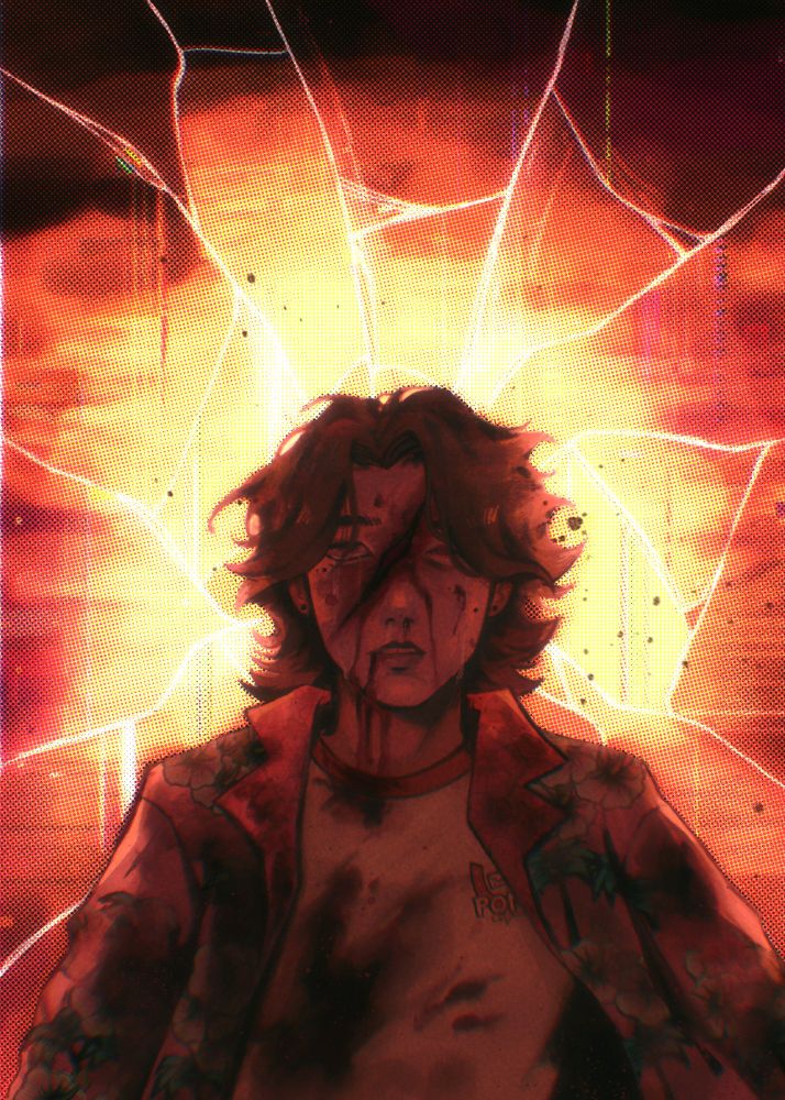 Daisuke from the game Mouthwashing covered in his own blood, with a large axe wound in his face. Behind him is the cracked TV screen displaying a sunset, glitching.