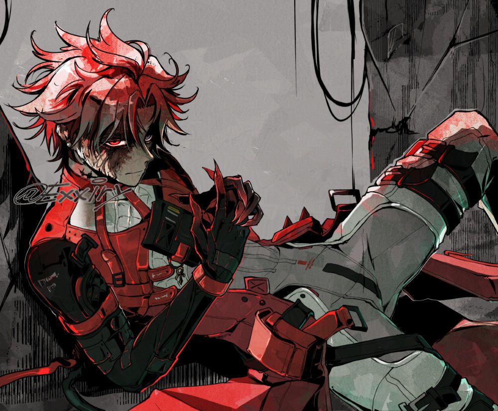 Drawing of Scar from WutheringWaves game. He is laying/sitting, leaned with his back on some concrete broken wall behind him. He is playing with his hands as if he's thinking something, and has a serious look on his face. The picture has gray background and the character is obviously very red, with a lot of textures on him to make it look very messy.
#fanart #myart