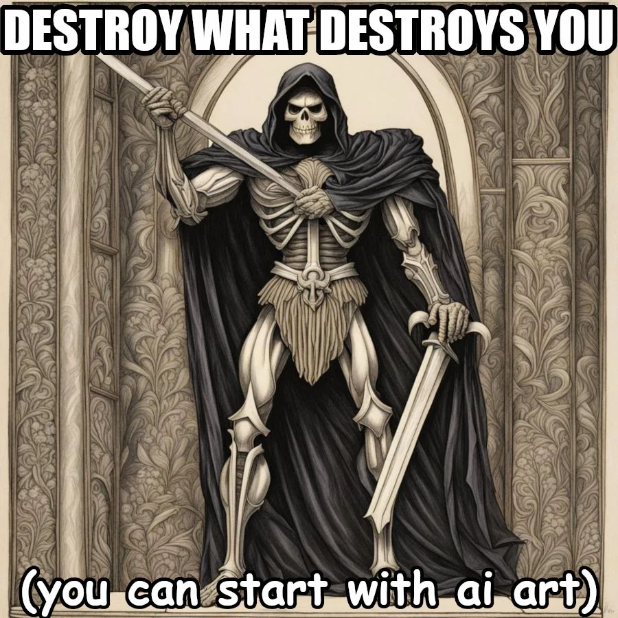 Destroy what destroys you (AI art Skeletor says, and also invites you to start the destruction with ai art)