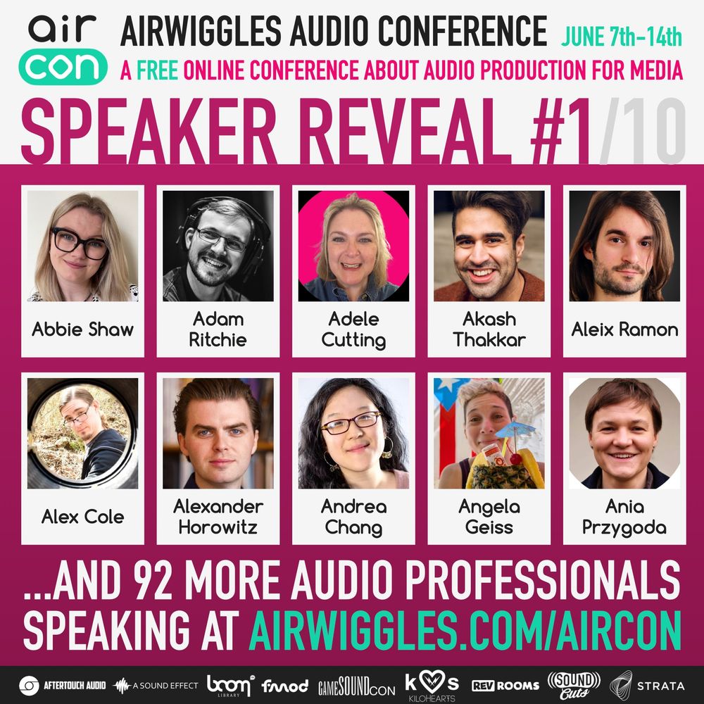 A poster revealing a list of speakers at this year's AirCon game audio conference