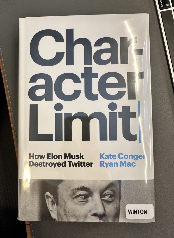 A pic of a book called “Character Limit: How Elon Musk destroyed Twitter” by Kate Cougar and Ryan Mac