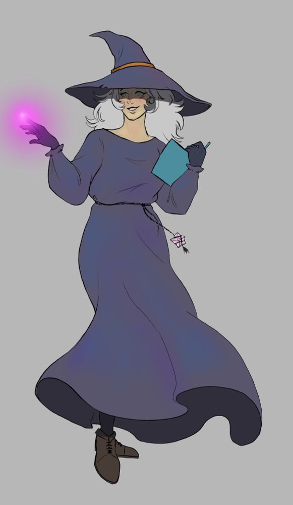 A wizard lady with grey hair and dark purple-blue dress with a purple light from her hand and holding a spellbook
