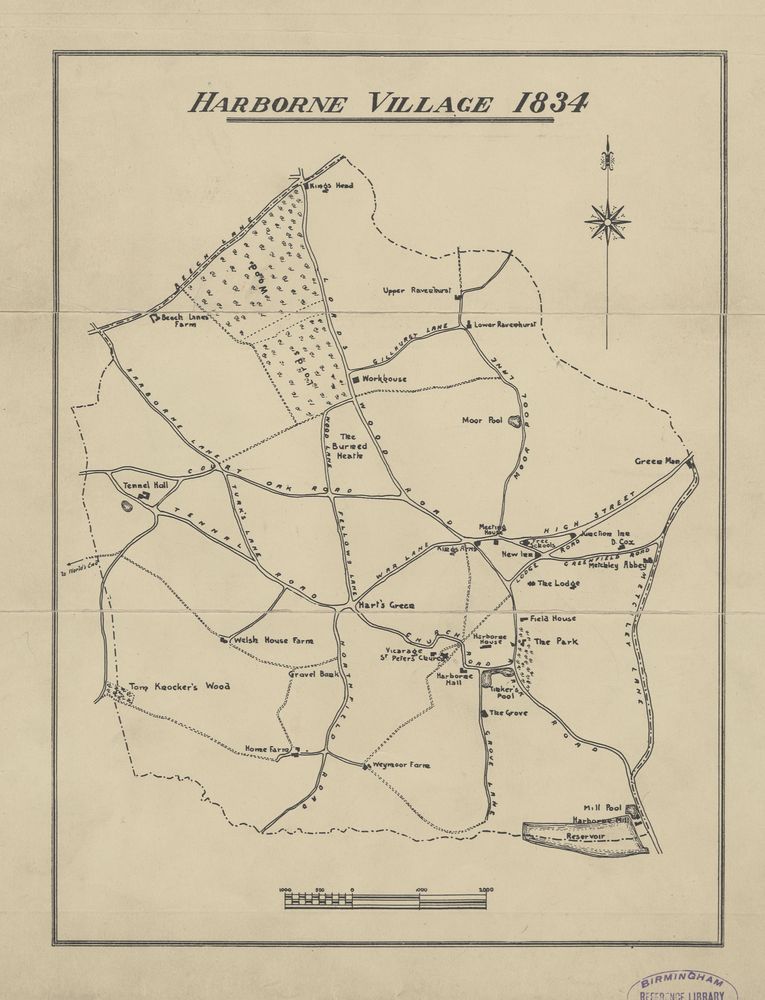 A map. Title at the top of the map reads Harborne Village 1834. Compass in the top right of the map and a scale at the bottom. A series of lines running throughout the map identifying boundaries between plots of land and thoroughfares. The centre of the village in the bottom right of the map with text identifying the parish church. Prominent farmsteads highlighted on the map. 