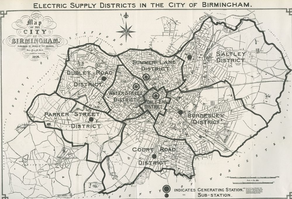Title at the top of the map is Electric Supply Districts in the City of Birmingham. A border around the map. Legend on the top left of the map - Map of the City of Birmingham, 1905. Compass symbol to the right of this. Map of the Birmingham conurbation divided into eight named sectors. Dots or dots inside a circle appear inside the borders of some of the sectors. Key in the bottom right of the map indicates the symbol of the dot inside a circle represents a Generating Station and the dot symbol by itself a Sub - Station.  