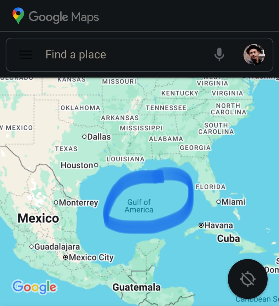 Google maps image showing the Gulf of Mexico labeled “The Gulf of America”