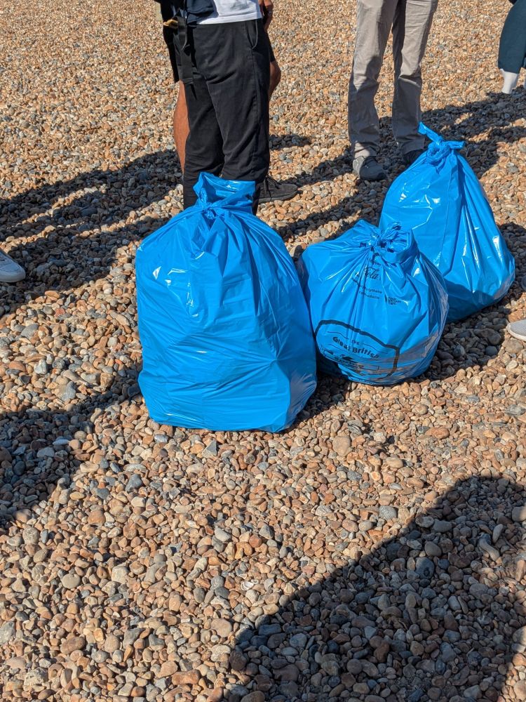 3 large and quite full bin bags on the pebbly Brighton beach
