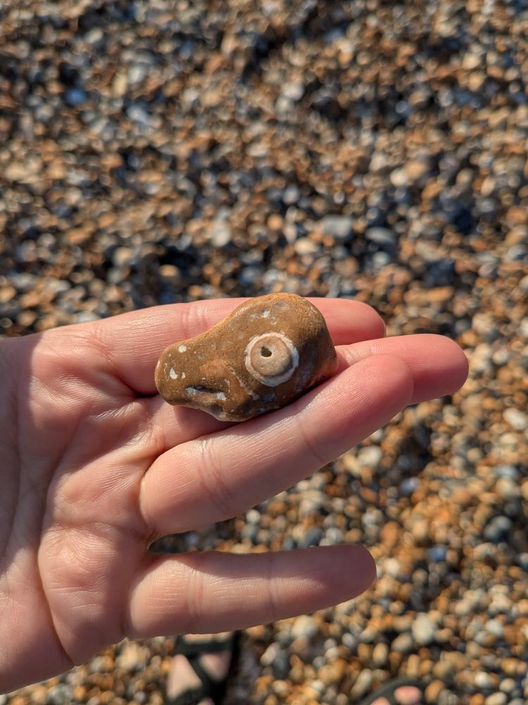 A hand holding a orange-ish rock with a big beige circle that looks like an eye and a little dent that looks like a mouth. Overall, with a lot of imagination, the rock looks like the head of a stylised brontosaurus looking to the left 