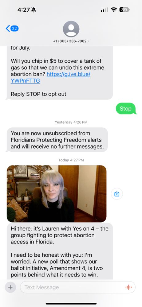 Getting more political crap from some out of state campaign after I said stop.