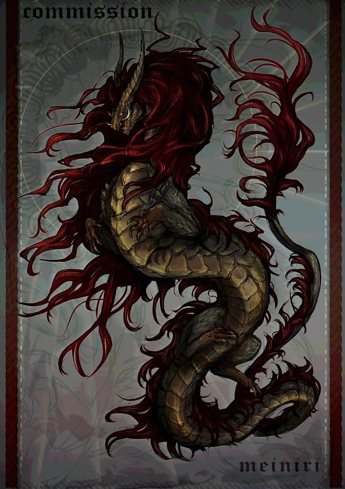 A long, snake-like (asian?) gloomy dragon with four limbs in brass and crimson colors, with a fluffy mane of matted hair and a scaly body. with elden ring vibe 