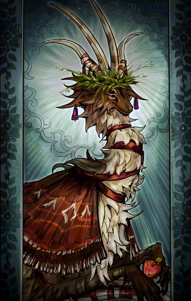 A sketch portrait of a goat-like creature with four horns, brown-hued fur, bells in its ears and horns, and a cape on its shoulders