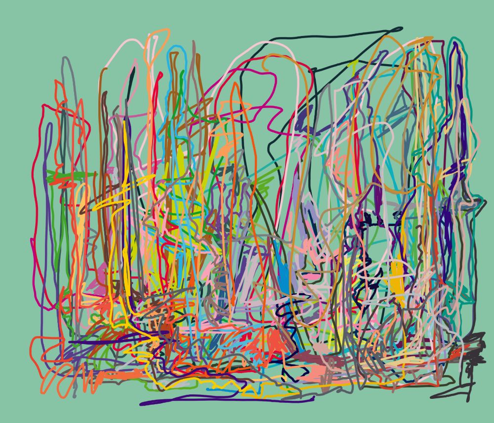 Colorful scribbles on a green background.