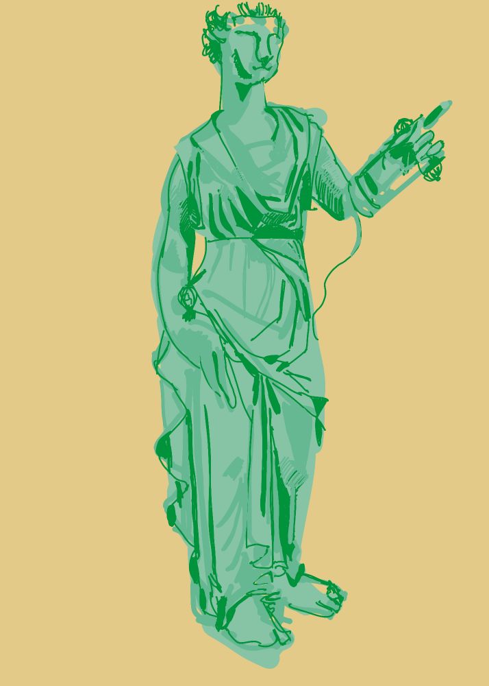 A green figure with dark green lines and accents loosely rendered on a soft yellow background