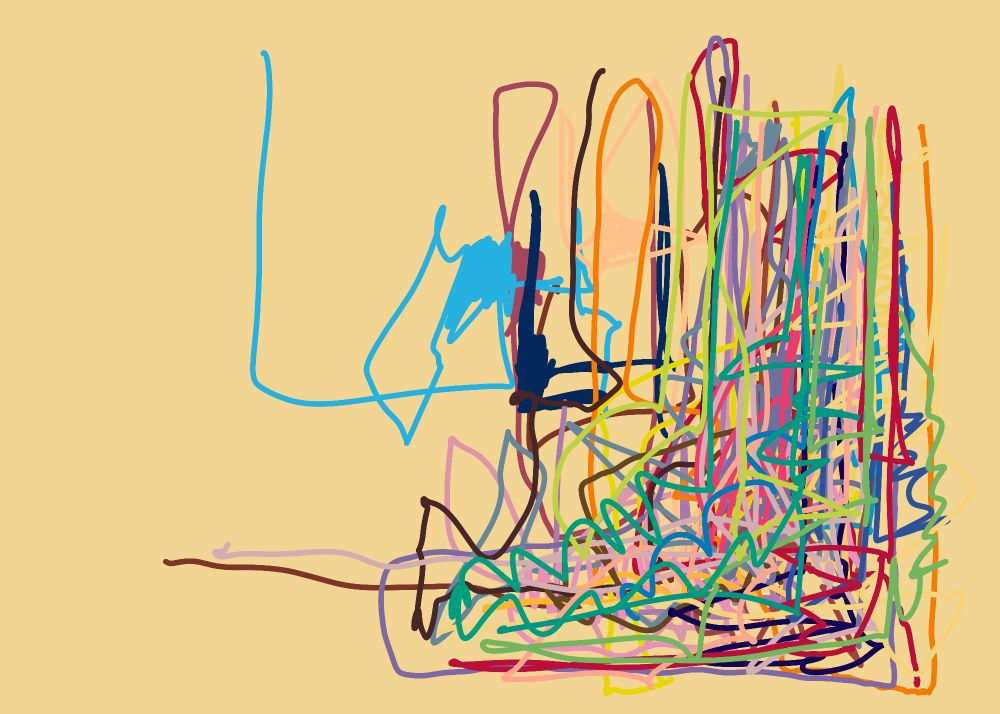 Colorful scribbles drawn on largely on the left side of the yellow background.