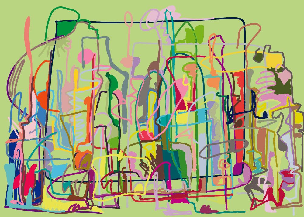 Lines and shapes on a lime background.
