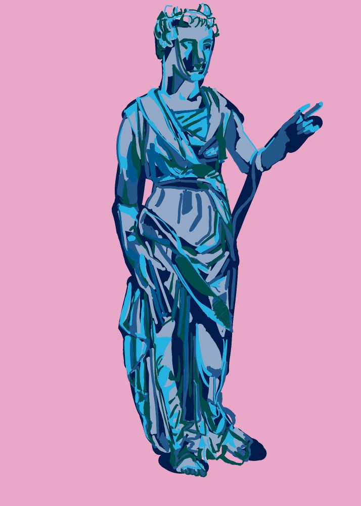 A blue figure in cloth rendered roughly with accents of moss green on a pastel pink background