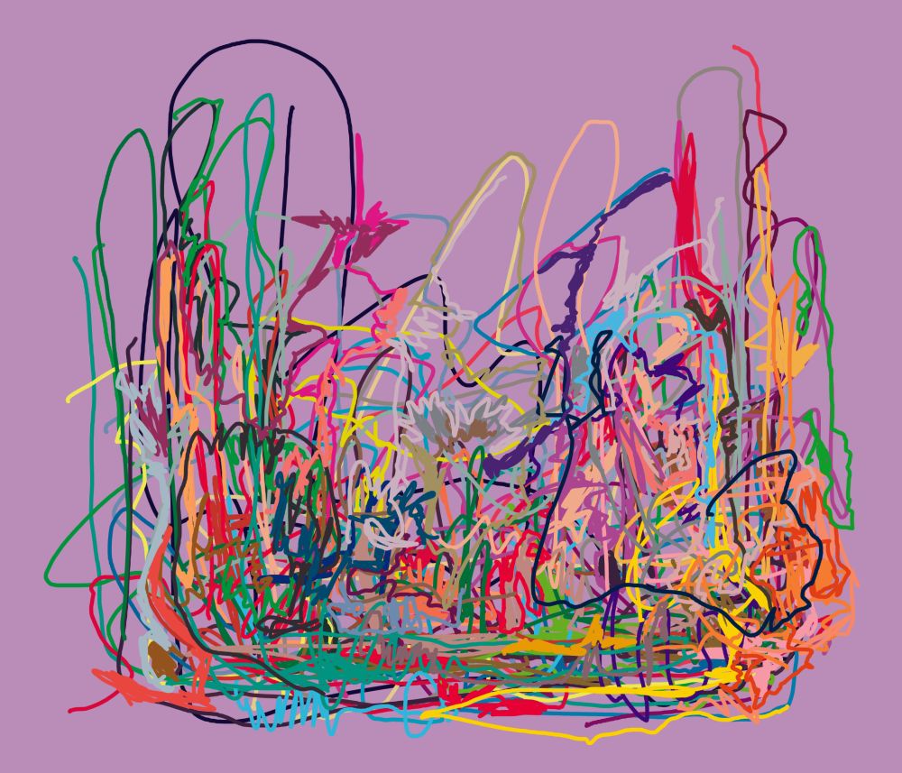 Colorful scribbles on a lavender background.