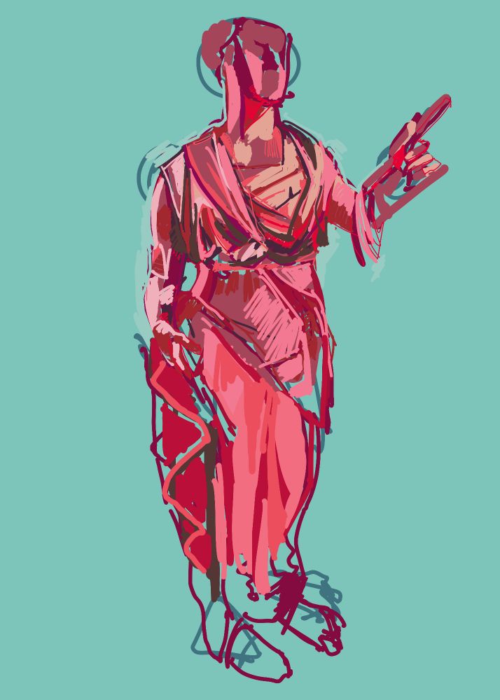 A rough scribbled figure in cloth all red hues on a turquoise background