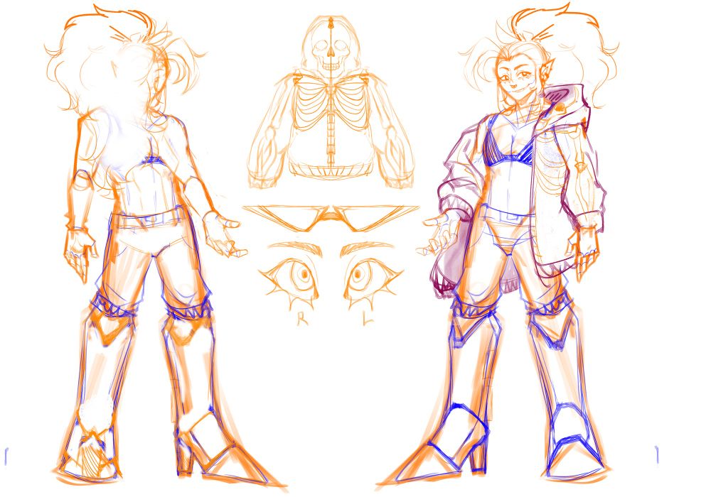 fullbody reference of Sgt. Scourge's sona. They wear a big jacket with a skeleton motif along with a bikini top and average jeans. Their legs are robotic. The reference also includes a detailed rendition of the skeleton print on their jacket, a close up of their glasses (that are missing from the fullbody drawing due to me forgetting to draw it) and a close up of their eyes, labelled left and right.