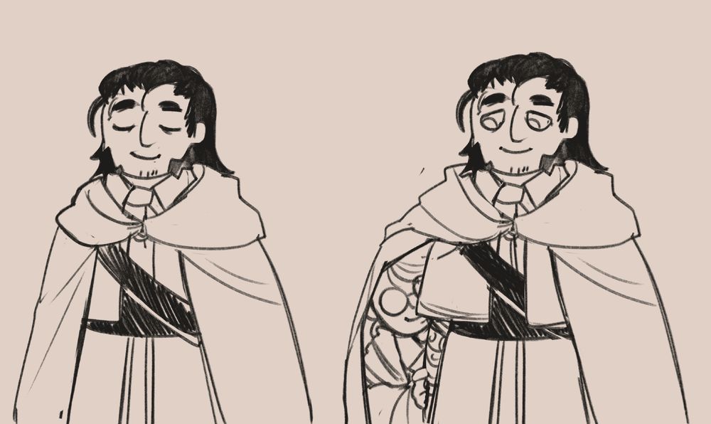 a drawing of human Ludwig the holy blade from bloodborne  and my oc rivkah, she peeks from under his cape