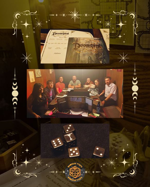 This image has a background image of a frog and a dungeon master screen, followed by three front images. Doomspire book and character sheet, the players at the table from the perspective of the game master and a set of dice.