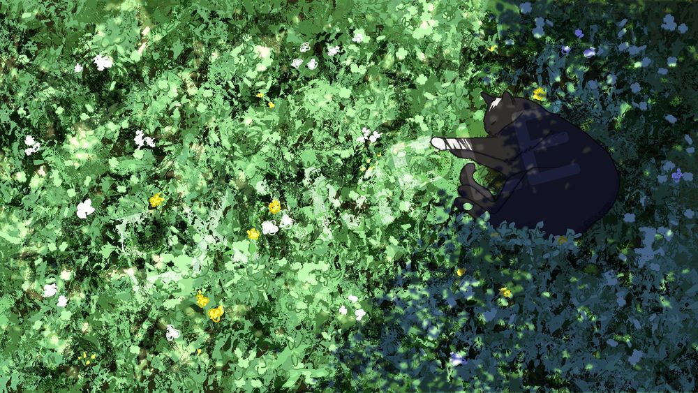 A cat sleeping in a field of clover.