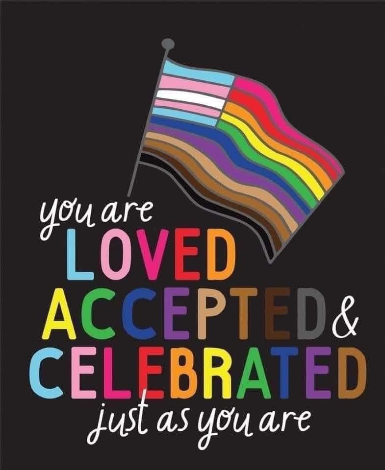 trans-, non-binary, and LQBTQ+ flag with the phrase you are loved accepted and celebrated just as you are 