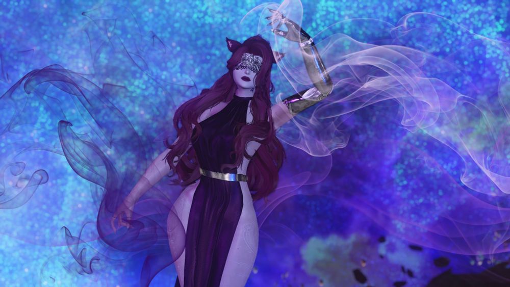 A FFXIV Female Miqo’te in a starlit sky. She has long wavy maroon hair and is wearing a sideless purple silk dress with a silver band around her waist, as well as a delicate silver veil over her eyes. She is weaving dark smokey magics in her right hand, and lighter smokey magics in her left hand, the left being a metallic arm that starts at her nails and ends at mid arm. She has a pensive expression. Her pale ashen skin has healed runic patterns that were etched into her hips and thighs.