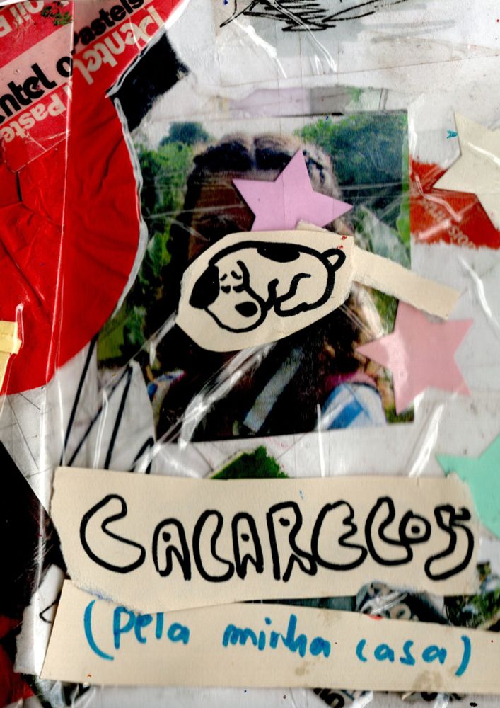 Capa de um zine feita com colagens ao fundo, um desenho do Snoopy e o título "Cacarecos (pela minha casa)"