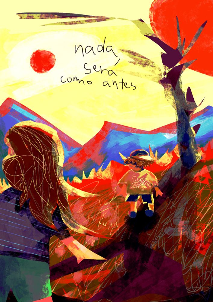 Ilustração digital de duas crianças de costas, em pé, em uma grama vermelha. Ao fundo, montanhas azuis e um céu amarelo com com um sol vermelho pequeno e um sol vermelho maior do lado. Uma árvore escura com galhos sem folhas projeta uma sombra na grama vermelha. No meio da ilustração, está escrito "nada será como antes"