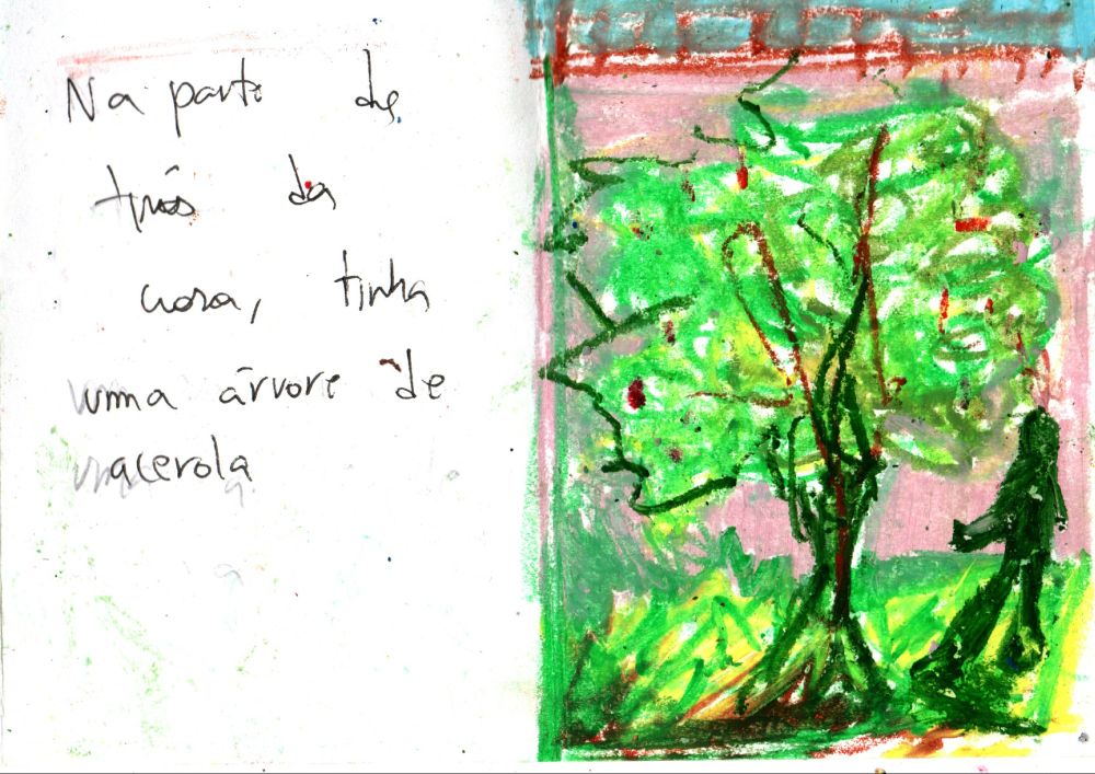 Páginas de um zine. Mostra a ilustração de uma árvore de acerola com giz pastel oleoso. O texto diz: na parte de trás da casa, tinha uma árvore de acerola