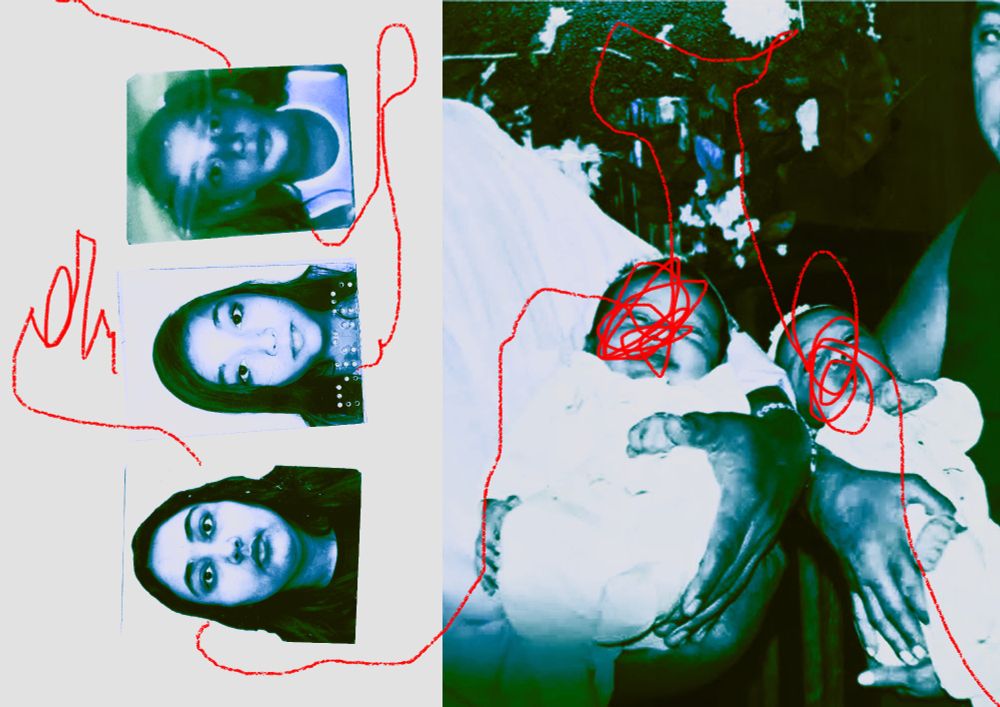 Conceitos pensando no processo de um zine. Mostra algumas fotos de identidade, de diferentes idades, e uma foto de bebês gêmeas nos braços de pessoas da familia