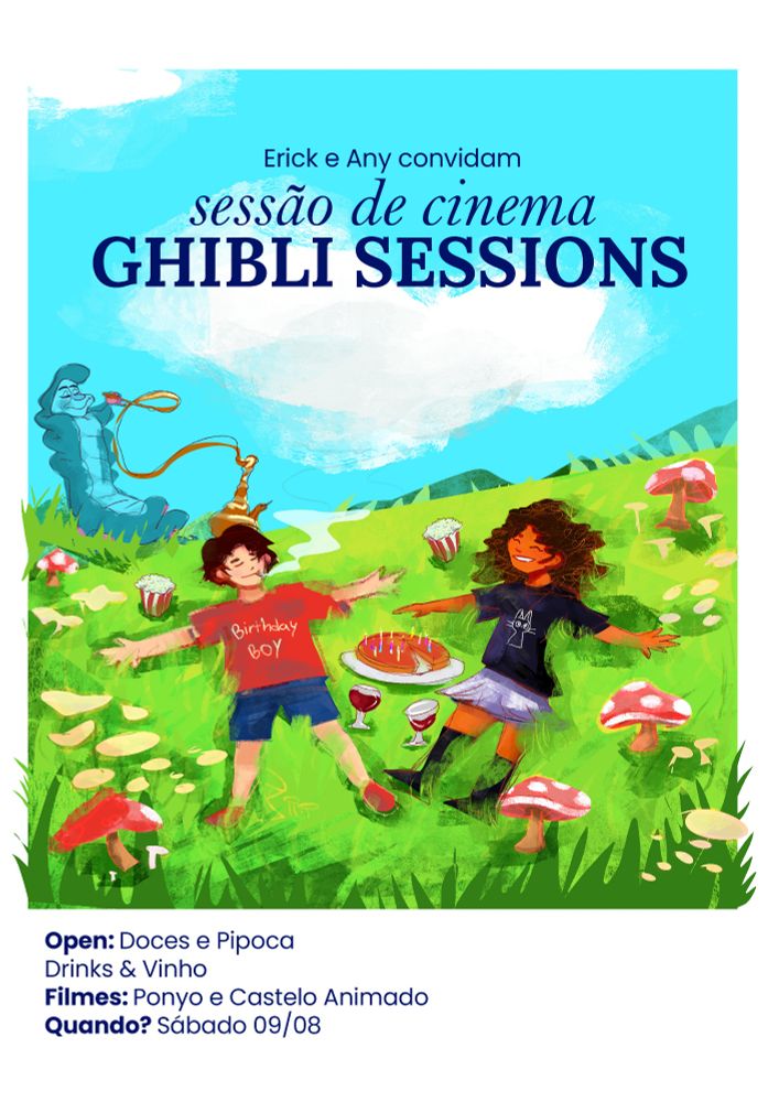 Arte de convite para uma sessão de cinema temática do estúdio Ghibli. Escrito na arte "Erick e Any convidam, sessão de cinema Ghibli Sessions" com informação do lugar e filmes assistidos na parte de baixo. A ilustração principal do cartaz mostra um menino e uma menina deitados na grama, cercados por cogumelos mágicos, um bolo com velas de aniversário, vinho e pipocas, com o céu azul ao fundo.