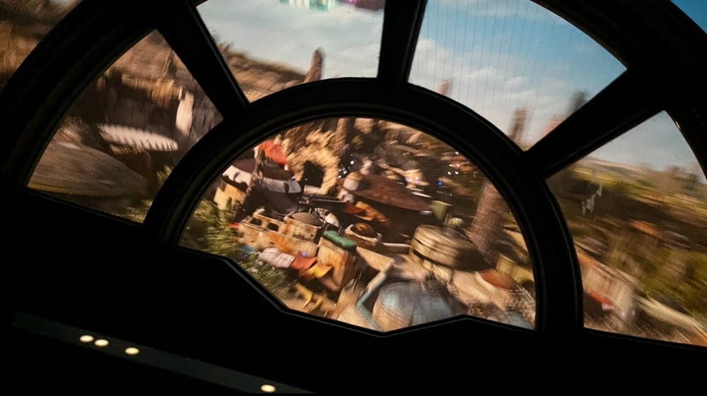 Millennium Falcon: Smugglers Run ride at Disneyland. View from the cockpit of the Millenium Falcon. 