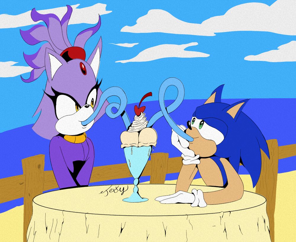 Sonic and Blaze sharing a milkshake by the beach. They're gazing into each other's eyes.