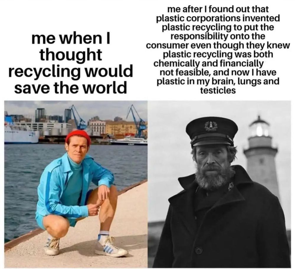 willen dafoe meme about recycling, first pic is colorful, second pic is black and white, first pic is hopeful, second pic is not