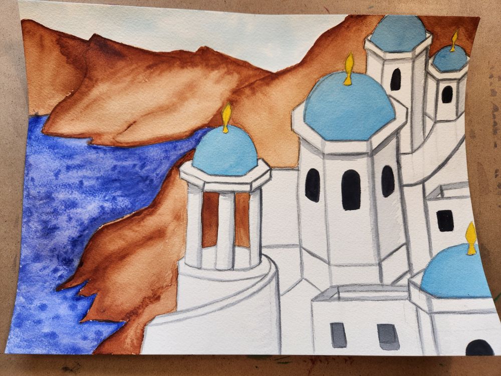 Watercolor of fantasy inspired Santorini 