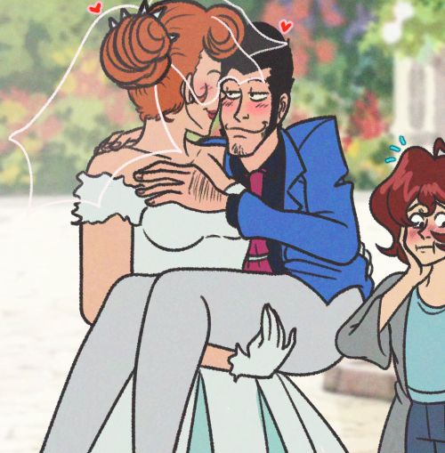 A digital drawing of Fujiko Mine, Lupin the Third and Ami Enan from part 5 of Lupin the Third.

They are surrounded by a beautiful garden from the top of Ami's fathers build headquarters, Fujiko in her wedding dress with a bridal veil on and orange hair in a bun. She's facing Lupin and smiling, carrying him in her arms.

Lupin is dressed in his part 5 jacket colors, smiling at her while staring at her.

Ami is off on the side, blushing at the PDA the two are displaying, dressed in a casual hoodie, blue shirt and jeans, a hand on her cheek as she looks away.