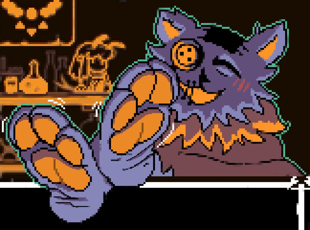 Seam (deltarune) propping his feet for the viewer to see.
