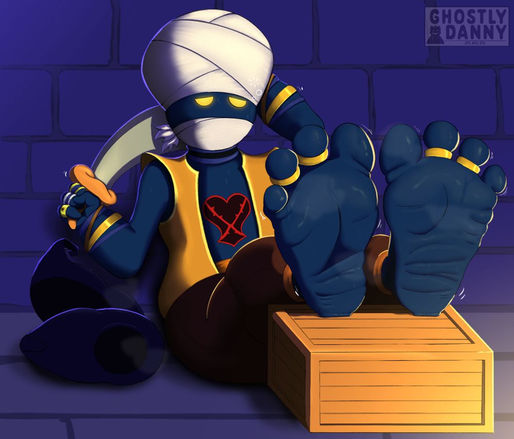 A heartless bandit proping his sweaty feet over a wooden box