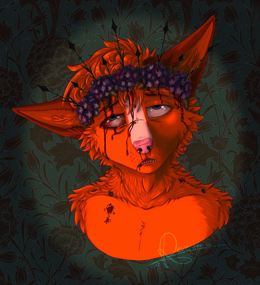 Headshot of my fursona with a flowercrown on. It has spikes on and he's bleeding