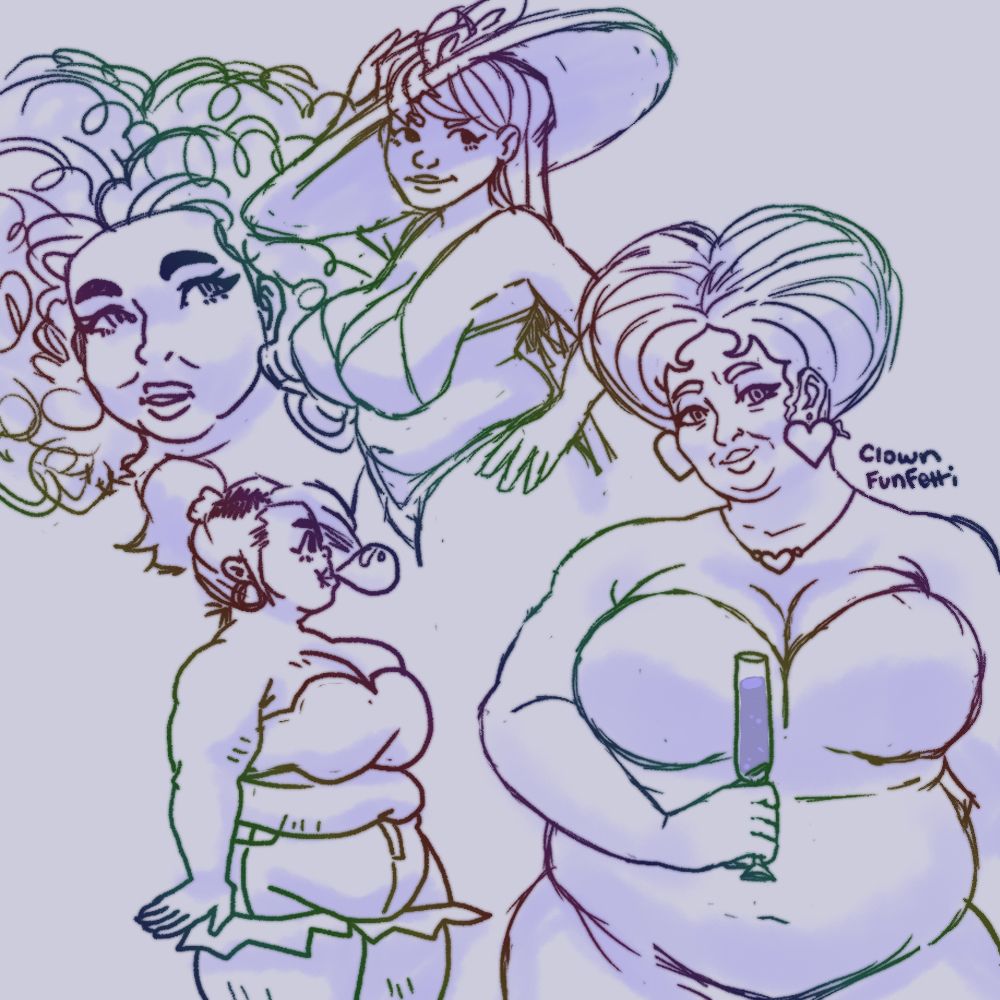 Sketches with soft rainbow line art, depicting drawings of four fat women, the artist wanted to draw some fat pretty ladies