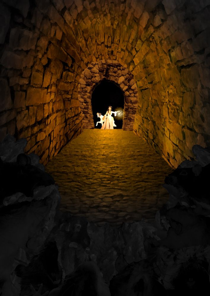 Christine and Ariel the borzoi in a stone hall lit by a lantern she’s holding. A swarm of rats approaches.