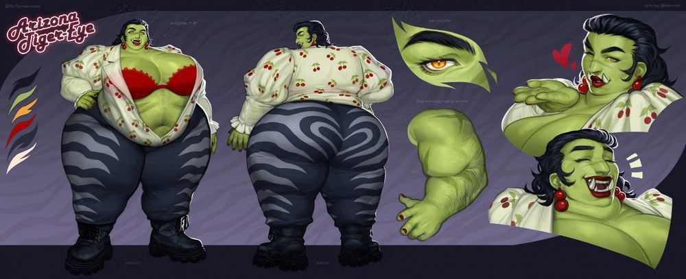 a reference sheet of my original character Arizona Tiger-Eye, an orc standing at 7 feet 8 Inches Tall dressed in a cherry shirt and tiger pants with big boots, with a front view, back view with a heart on her butt, close up of her eye, and a detail of her bare hairy arm, as well as two bust shots of her blowing a kiss and laughing at something funny