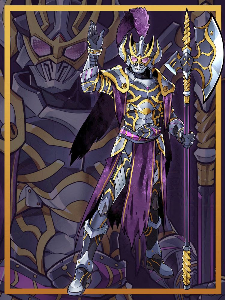 A black gold and purple knight styled like a kamen rider with eel inspired details and a large halberd, they are waving